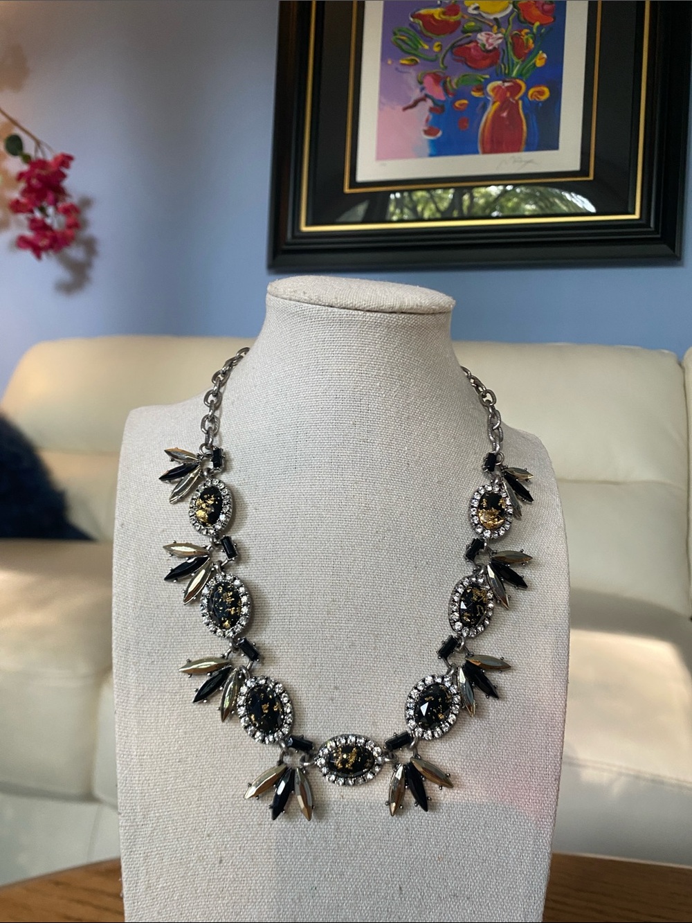 Black & Gold Foil Rhinestone Statement Necklace 17” + Extender